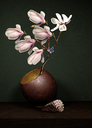 Magnolia and Butterfly Vase Art Print