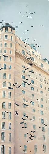 BIRDS FLYING IN FRONT OF A BUILDING Art Print