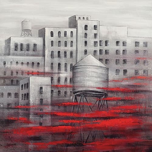 GRAY CITY WITH RED CLOUDS Art Print by Atelier B Art Studio
