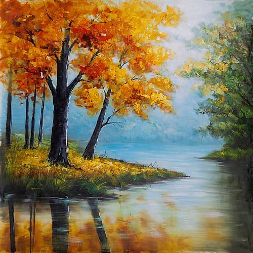 Fall Trees at the Waters Edge Art Print by Atelier B Art Studio