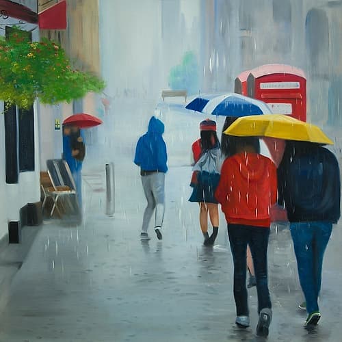 PEOPLE WALKING UNDER UMBRELLA BY A RAINY DAY Art Print