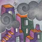Multicoloured Houses with Grey Clouds Art Print