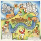 Multicoloured Decorated Landscape with Women-Man-Village and River Art Print