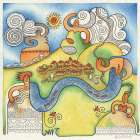 Multicoloured Decorated Landscape with Women-Man-Village and River Art Print