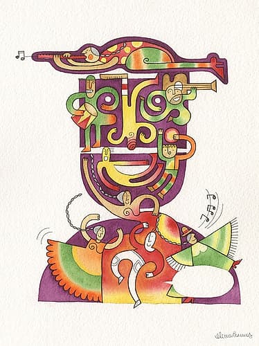 Head of a man with people Playing and Dancing Art Print