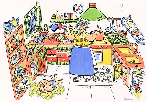 Grandmother Cooking with her Newborn Grandson Art Print