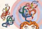 Dancing Multicoloured Men with Cone Hat I Art Print