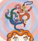Blue and red Men Dancing on a Man Head Art Print