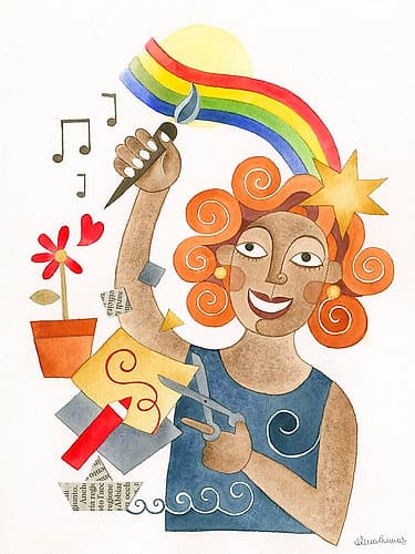 Multicoloured Lady Painting and Cutting Collages Art Print