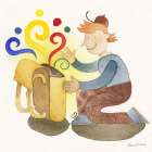Boy Opening his Magic Backpack Art Print