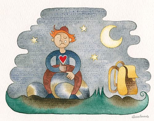 Crying boy with backpack under the Moon Art Print