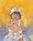 Little girl with teddy bear yellow color Art Print