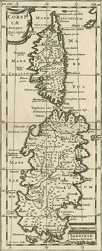 Ancient map of mediterranean Sea with corsican and sardinia island Art Print