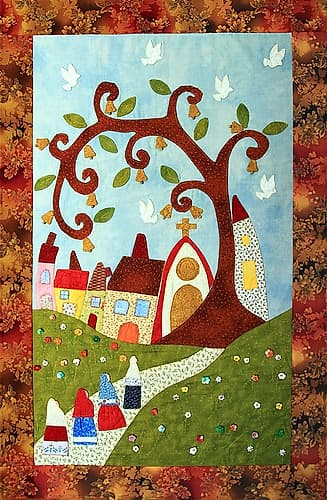 Country Patchwork with tree, church and houses Art Print by Anonymous