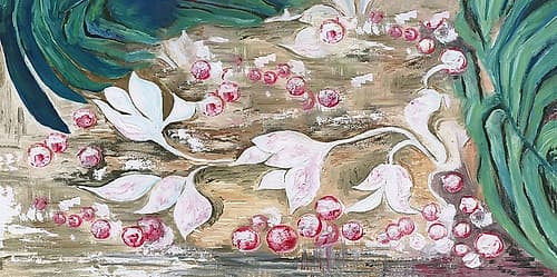 Pink white flowers green leaves Art Print