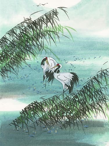 Pond with storks and branches Art Print