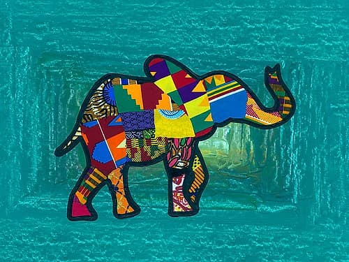 Multicoloured Elephant on Tourquoise Background Art Print by Anonymous