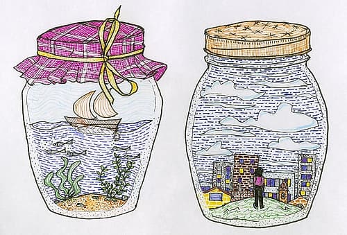 Glass Jars with Sea and City Art Print