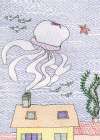 Jellyfish and fishes swimming in the sky Art Print