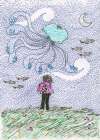 Jellyfish and fishes swimming in the sky Art Print