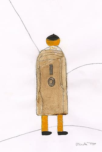 Turned Away men with trench coat Art Print by Nicola Roppo
