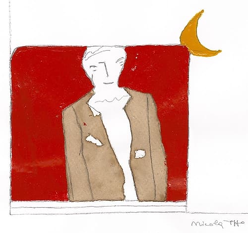 Men in a brown suit and yellow half moon Art Print by Nicola Roppo
