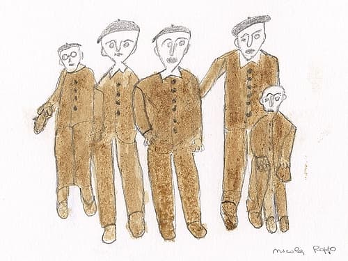 Group of five men in brown suits and hat Art Print