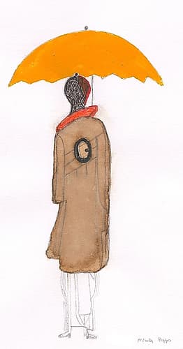 Men in a brown trench coat with yellow umbrella Art Print