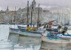 Fishermen on a boat in a cloudy day Art Print