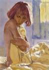 Sitting nude girl with read hair and yellow sheet Bathroom Art Print