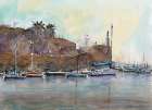 Port of an old mediterranean Seatwon with palm trees and boats Art Print