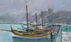 Boats moored in the harbor Art Print