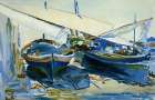 Two boats with lowered sails Art Print