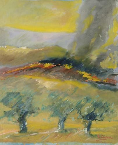 Fire in the olive grove country side Art Print