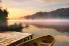 Foggy Boat and Lake Art Print