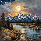 Moonlit Mountain River Art Print