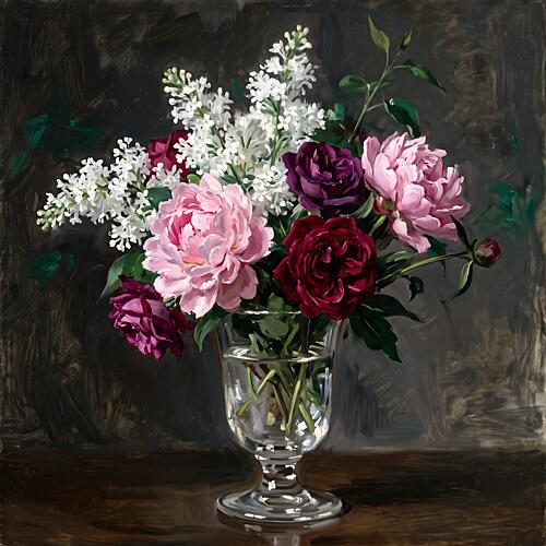 Peonies and Lilacs in Glass Compote Art Print