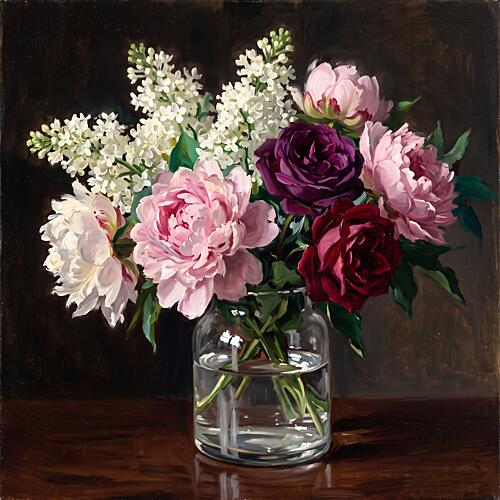 Peonies and White Lilac in Glass Jar Art Print
