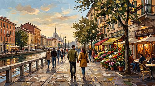 Romantic Stroll on Milan Promenade Art Print