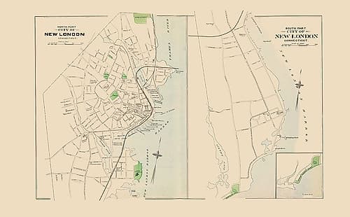 New London Connecticut North and South Part Vintage Print