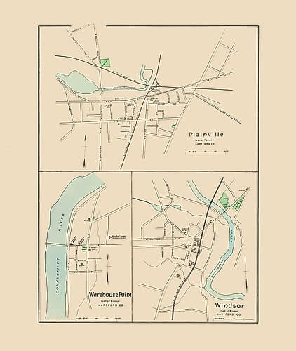 Plainville, Warehouse Point, Windsor Connecticut Vintage Print