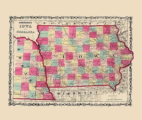 Nebraska, Iowa - Johnson 1860 Vintage Print