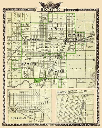 Decatur, Sullivan Illinois Landowner - Warner 1876 Vintage Print