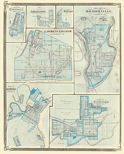 Brookeville, Rushville, Aurora, Lawrenceburgh Vintage Print