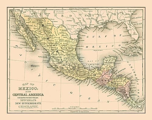 Central America Mexico - Mitchell 1869 Vintage Print