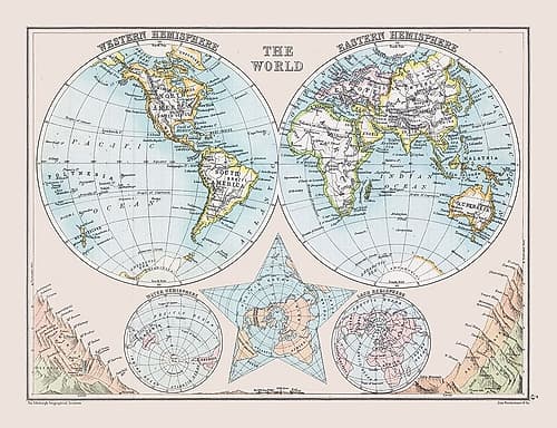 Eastern Western Hemispheheres - Bartholomew 1892 Art Print