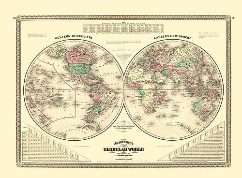 Western Eastern Hemisphere - Johnson 1870 Art Print