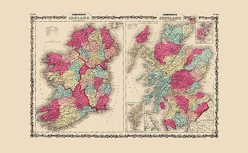 Ireland Scotland - Johnson 1860 Vintage Print