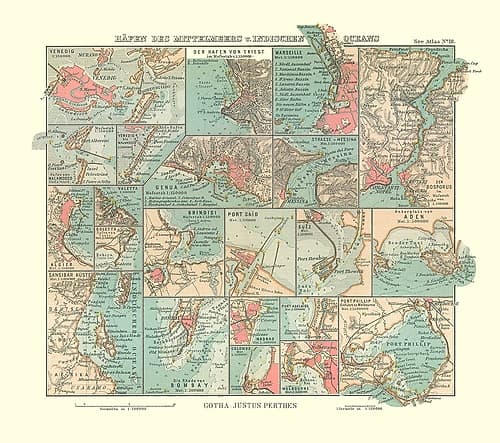 Mediterranean Sea Indian Ocean Ports - Perthes Vintage Print