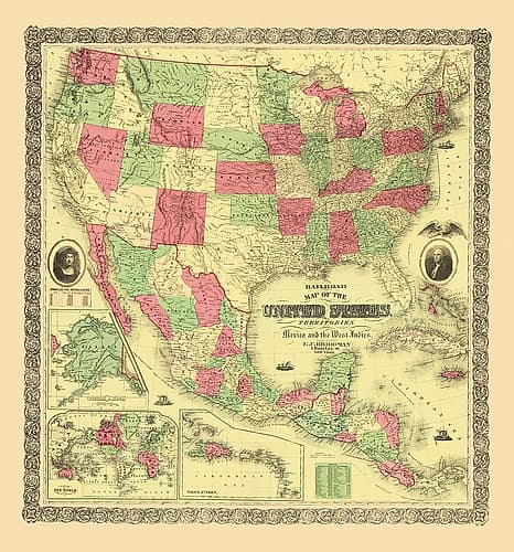 United States, Territories, Mexico, Caribbean 1872 Vintage Print